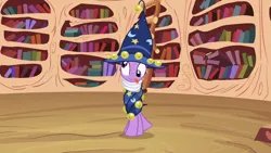 Size: 1920x1080 | Tagged: safe, derpibooru import, screencap, twilight sparkle, pony, unicorn, luna eclipsed, season 2, book, bookshelf, clothes, costume, derp, dizzy, faic, female, golden oaks library, image, library, mare, nightmare night costume, png, solo, star swirl the bearded costume, tangled up, tongue out, twilight sparkle is best facemaker, unicorn twilight