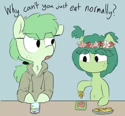 Size: 750x696 | Tagged: safe, artist:cherro, derpibooru import, oc, oc:lithium flower, oc:mouthpiece, unofficial characters only, pony, clothes, dialogue, floral head wreath, flower, food, hoodie, image, pasta, phone, png, spaghetti