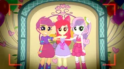 Size: 3410x1920 | Tagged: safe, derpibooru import, screencap, apple bloom, scootaloo, sweetie belle, a photo booth story, eqg summertime shorts, equestria girls, adorabloom, apple bloom's bow, balloon, bow, camera shot, cute, cutealoo, cutie mark crusaders, diasweetes, fall formal outfits, female, grin, hair bow, high res, image, jpeg, sleeveless, smiling