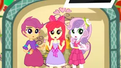 Size: 3410x1920 | Tagged: safe, derpibooru import, screencap, apple bloom, scootaloo, sweetie belle, a photo booth story, eqg summertime shorts, equestria girls, apple bloom's bow, balloon, bow, cutie mark crusaders, fall formal outfits, female, hair bow, high res, image, jpeg, open mouth