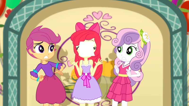 Size: 3410x1920 | Tagged: safe, derpibooru import, screencap, apple bloom, scootaloo, sweetie belle, a photo booth story, eqg summertime shorts, equestria girls, apple bloom's bow, balloon, bow, cutie mark crusaders, eyes closed, fall formal outfits, female, hair bow, high res, image, jpeg, sleeveless