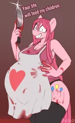 Size: 423x685 | Tagged: grimdark, suggestive, artist:puetsua, derpibooru import, pinkie pie, anthro, earth pony, fanfic:cupcakes, apron, blood, blood stains, breasts, busty pinkie pie, clothes, dialogue, digital art, female, hand on hip, image, knife, pinkamena diane pie, png, pose, pregnant, simple background, socks, solo, solo female, stockings, tail, talking, text, thigh highs, thighs