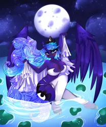 Size: 1280x1535 | Tagged: suggestive, artist:darknovadesigns, derpibooru import, princess luna, alicorn, anthro, unguligrade anthro, big breasts, breasts, busty princess luna, curved horn, female, full moon, horn, huge breasts, image, jpeg, moon, partially open wings, solo, solo female, water, water lily, wings
