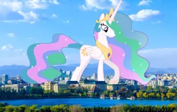 Size: 2047x1300 | Tagged: safe, artist:spier17, artist:thegiantponyfan, derpibooru import, princess celestia, alicorn, pony, beijing, china, crown, female, giant alicorn, giant pony, giantess, giantlestia, highrise ponies, hoof shoes, image, irl, jewelry, looking down, macro, mare, mega celestia, mega giant, multicolored mane, multicolored tail, photo, png, ponies in real life, raised hoof, regalia, smiling, story included, tail
