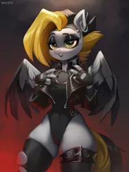 Size: 1050x1400 | Tagged: safe, artist:zazush-una, derpibooru import, oc, oc:tlen borowski, unofficial characters only, anthro, pegasus, clothes, collar, ear piercing, earring, fingerless gloves, gloves, image, jewelry, jpeg, leotard, lidded eyes, piercing, socks, spread wings, thigh highs, torn clothes, wings