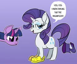 Size: 2135x1765 | Tagged: safe, artist:swagstapiece, derpibooru import, rarity, twilight sparkle, pony, unicorn, clothes, crocs, duo, female, gradient background, image, jpeg, mare, shoes, speech bubble, talking to viewer