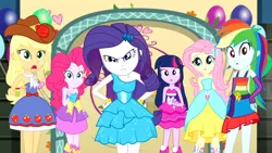 Size: 3410x1920 | Tagged: safe, derpibooru import, screencap, applejack, fluttershy, pinkie pie, rainbow dash, rarity, sci-twi, twilight sparkle, a photo booth story, eqg summertime shorts, equestria girls, balloon, bare shoulders, belt, boots, bracelet, clothes, cowboy hat, cutie mark, cutie mark on clothes, fall formal outfits, female, hairpin, hat, high res, humane five, humane six, image, jewelry, jpeg, open mouth, shoes, sleeveless, strapless, twilight ball dress