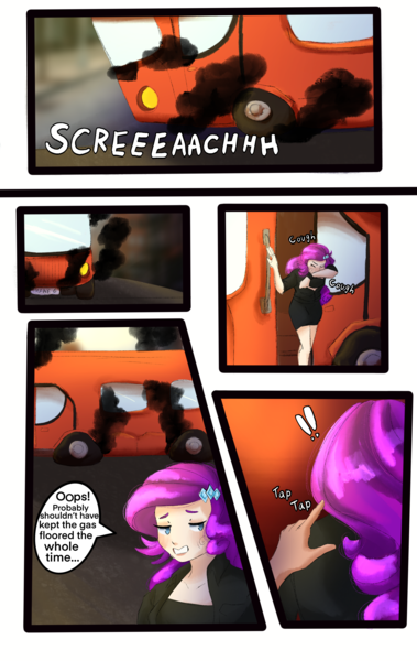 Size: 2400x3800 | Tagged: safe, artist:sjmarts, derpibooru import, rarity, human, equestria girls, braking, bus, clothes, comic, comic page, crossover, driving, hand, humanized, image, png, smoke, solo, spice girls, spice world, tapping, worried