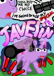 Size: 1260x1782 | Tagged: safe, artist:styrbo, derpibooru import, twilight sparkle, unicorn, comic, image, javelin, jojo pose, jojo's bizarre adventure, joke, meme, pixel art, png, rocket launcher, solo