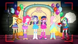Size: 3410x1920 | Tagged: safe, derpibooru import, screencap, applejack, fluttershy, pinkie pie, rainbow dash, rarity, sci-twi, twilight sparkle, a photo booth story, eqg summertime shorts, equestria girls, balloon, bare shoulders, belt, boots, bracelet, camera shot, clothes, cutie mark, cutie mark on clothes, eyes closed, fall formal outfits, female, hairpin, high res, humane five, humane six, image, jewelry, jpeg, open mouth, open smile, shoes, sleeveless, smiling, strapless, twilight ball dress
