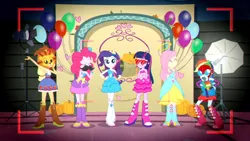 Size: 3410x1920 | Tagged: safe, derpibooru import, screencap, applejack, fluttershy, pinkie pie, rainbow dash, rarity, sci-twi, twilight sparkle, a photo booth story, eqg summertime shorts, equestria girls, balloon, bare shoulders, belt, boots, bracelet, camera shot, clothes, cowboy hat, crossed arms, cutie mark, cutie mark on clothes, eyes closed, fall formal outfits, female, hairpin, hat, high res, humane five, humane six, image, jewelry, jpeg, shoes, sleeveless, smiling, strapless, twilight ball dress