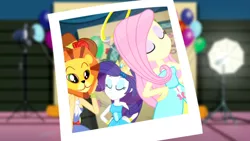 Size: 3410x1920 | Tagged: safe, derpibooru import, screencap, applejack, fluttershy, rarity, a photo booth story, eqg summertime shorts, equestria girls, balloon, bare shoulders, bracelet, eyes closed, fall formal outfits, female, hairpin, hand on hip, high res, image, jewelry, jpeg, sleeveless, smiling, strapless, trio