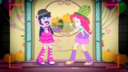 Size: 3410x1920 | Tagged: safe, derpibooru import, screencap, pinkie pie, twilight sparkle, a photo booth story, eqg summertime shorts, equestria girls, balloon, bare shoulders, boots, camera shot, clothes, cute, diapinkes, duo, duo female, eyes closed, fall formal outfits, female, grin, high res, image, jpeg, shoes, sleeveless, smiling, strapless, twilight ball dress