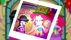 Size: 3410x1920 | Tagged: safe, derpibooru import, screencap, pinkie pie, twilight sparkle, a photo booth story, eqg summertime shorts, equestria girls, balloon, bare shoulders, duo, duo female, fall formal outfits, female, high res, image, jpeg, sleeveless, strapless, twilight ball dress