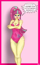 Size: 1024x1651 | Tagged: safe, artist:lennondash, derpibooru import, sour sweet, equestria girls, angry, boob freckles, breasts, busty sour sweet, chest freckles, cleavage, clothes, crossed arms, female, freckles, hip freckles, image, jpeg, leg freckles, one-piece swimsuit, shoulder freckles, solo, speech bubble, swimsuit