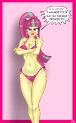 Size: 1024x1651 | Tagged: suggestive, alternate version, artist:lennondash, derpibooru import, sour sweet, equestria girls, angry, belly button, bikini, boob freckles, breasts, busty sour sweet, chest freckles, cleavage, clothes, crossed arms, female, freckles, hip freckles, image, jpeg, leg freckles, shoulder freckles, solo, speech bubble, swimsuit