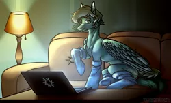 Size: 2800x1689 | Tagged: safe, artist:system-destroyer, artist:technodjent, derpibooru import, oc, oc:inex code, unofficial characters only, pegasus, pony, clothes, colored wings, computer, couch, image, kneesocks, lamp, laptop computer, male, png, socks, solo, striped socks, tail, two toned mane, two toned tail, two toned wings, wings