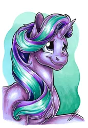 Size: 2417x3506 | Tagged: safe, artist:lupiarts, derpibooru import, starlight glimmer, unicorn, bust, commission, drawing, fanart, female, illustration, image, jpeg, portrait, shiny, simple background, solo, traditional art, white background