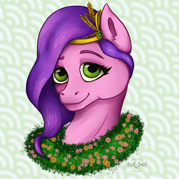 Size: 2755x2755 | Tagged: safe, artist:palettenight, derpibooru import, pipp petals, pegasus, pony, my little pony: a new generation, spoiler:g5, bust, crown, cute, flower, flower in hair, g5, image, jewelry, looking at you, png, portrait, princess, regalia, smiling, smiling at you, solo, spring, wreath