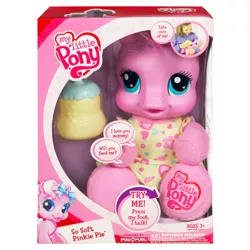 Size: 400x400 | Tagged: safe, derpibooru import, official, photographer:absol, pinkie pie (g3), earth pony, human, pony, baby, baby bottle, baby pony, bottle, box, clothes, cute, electronic toy, female, filly, foal, g3 diapinkes, g3.5, human female, image, jpeg, my little pony logo, shirt, short sleeves, simple background, so soft, so soft pinkie pie, toy, white background