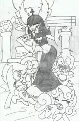 Size: 1024x1561 | Tagged: safe, artist:rogelis, derpibooru import, scootaloo, sweetie belle, duck tales 2017, food, image, jpeg, lord dominator, pizza, traditional art, unamused, wander over yonder, wreck-it ralph