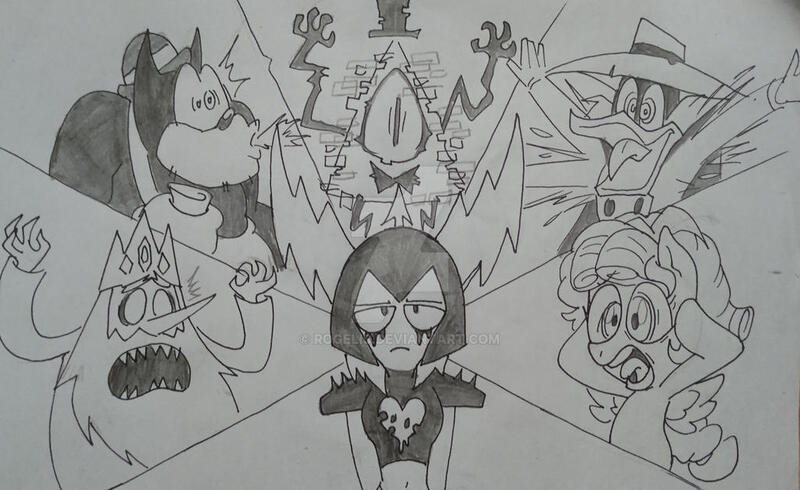 Size: 1024x627 | Tagged: safe, artist:rogelis, derpibooru import, cozy glow, adventure time, bill cipher, gravity falls, ice king, image, jpeg, lord dominator, traditional art, wander over yonder, wreck-it ralph