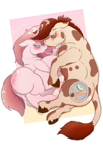 Size: 3508x4960 | Tagged: suggestive, artist:topdoge11, derpibooru import, oc, oc:cinnamon twist (topdoge11), oc:kie dough, unofficial characters only, cow, cow pony, earth pony, hybrid, pony, unicorn, absurd resolution, bedroom eyes, belly, big belly, blushing, chest fluff, drool, drool string, ear piercing, earring, fat, fat fetish, female, fetish, floppy ears, hiccup, huge belly, image, inflation, jewelry, leonine tail, looking at each other, looking at someone, male, mare, oc x oc, piercing, png, shipping, stallion, straight, tail