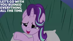 Size: 1280x720 | Tagged: safe, derpibooru import, edit, edited screencap, editor:quoterific, screencap, starlight glimmer, pony, unicorn, rock solid friendship, season 7, bed, female, image, jpeg, mare, open mouth, open smile, pillow, smiling, solo, text