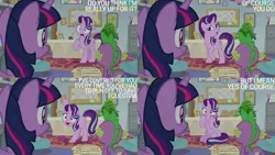 Size: 1280x720 | Tagged: safe, derpibooru import, edit, edited screencap, editor:quoterific, screencap, phyllis, spike, starlight glimmer, twilight sparkle, twilight sparkle (alicorn), alicorn, dragon, pony, unicorn, a horse shoe-in, season 9, spoiler:s09, female, floppy ears, image, jpeg, male, mare, open mouth, open smile, school of friendship, shrunken pupils, smiling, starlight's office, text, winged spike, wings