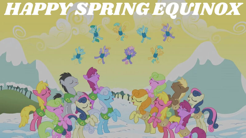 Size: 1280x720 | Tagged: safe, derpibooru import, edit, edited screencap, editor:quoterific, screencap, berry punch, berryshine, bon bon, carrot top, golden harvest, sweetie drops, earth pony, pegasus, pony, season 1, winter wrap up, ^^, animation error, bipedal, eyes closed, female, flying, image, jpeg, male, mare, open mouth, open smile, smiling, snow, spread wings, stallion, text, wings, winter wrap up song