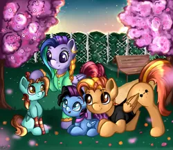 Size: 1280x1110 | Tagged: safe, artist:appleneedle, derpibooru import, pegasus, pony, art, character, cherry blossoms, commission, digital, draw, drawing, family, fanart, female, filly, flower, flower blossom, foal, garden, image, jpeg, love, nature, paint, painting, park