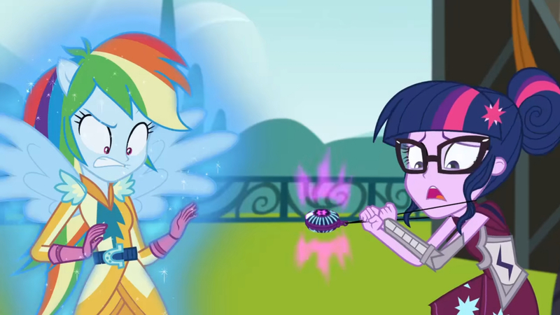 Size: 3410x1920 | Tagged: safe, derpibooru import, screencap, rainbow dash, sci-twi, twilight sparkle, equestria girls, friendship games, duo, duo female, female, glasses, high res, image, jpeg, magic, magic capture device, open mouth, ponied up, shrunken pupils, spread wings, wings