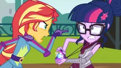 Size: 3410x1920 | Tagged: safe, derpibooru import, screencap, sci-twi, sunset shimmer, twilight sparkle, equestria girls, friendship games, duo, duo female, female, glasses, high res, image, jpeg, magic capture device, open mouth, pointing