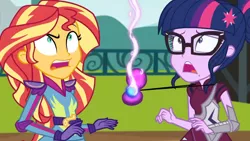 Size: 3410x1920 | Tagged: safe, derpibooru import, screencap, sci-twi, sunset shimmer, twilight sparkle, equestria girls, friendship games, duo, duo female, female, glasses, high res, image, jpeg, magic capture device, open mouth
