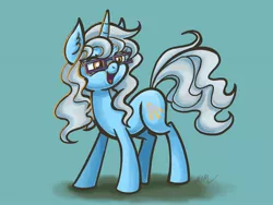 Size: 2048x1536 | Tagged: safe, artist:catscratchpaper, derpibooru import, oc, oc:silver lining, unofficial characters only, pony, unicorn, blue background, female, glasses, horn, image, jpeg, open mouth, simple background, unicorn oc