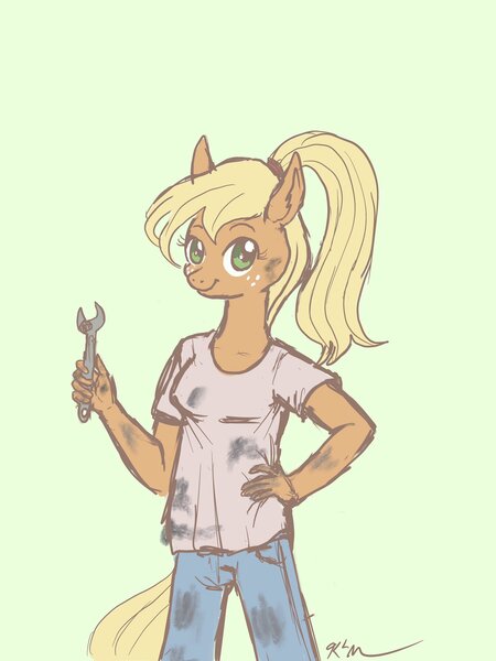 Size: 1536x2048 | Tagged: safe, artist:catscratchpaper, derpibooru import, oc, unofficial characters only, anthro, unicorn, anthro oc, clothes, female, horn, image, jpeg, mechanic, simple background, solo, unicorn oc, wrench