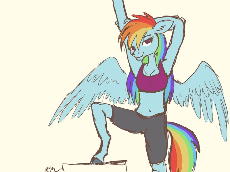 Size: 2048x1536 | Tagged: safe, artist:catscratchpaper, derpibooru import, rainbow dash, anthro, pegasus, unguligrade anthro, clothes, female, image, jpeg, midriff, simple background, solo, sports bra, spread wings, stretching, wings