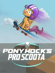 Size: 1536x2048 | Tagged: safe, artist:catscratchpaper, derpibooru import, scootaloo, pegasus, pony, female, helmet, image, jpeg, parody, shrunken pupils, skateboard, solo, tony hawk