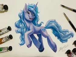 Size: 2048x1536 | Tagged: safe, artist:kaylerustone, derpibooru import, izzy moonbow, pony, unicorn, female, g5, gouache, image, jpeg, mare, open mouth, open smile, paintbrush, smiling, solo, traditional art