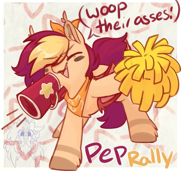 Size: 1826x1727 | Tagged: safe, artist:drawtheuniverse, derpibooru import, oc, oc:pep rally, unofficial characters only, bat pony, pony, abstract background, bandana, cheerleader, dialogue, eyes closed, female, image, jpeg, mare, megaphone, open mouth, open smile, pom pom, smiling, solo, vulgar