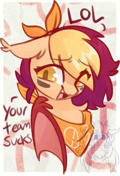 Size: 852x1246 | Tagged: safe, artist:drawtheuniverse, derpibooru import, oc, oc:pep rally, unofficial characters only, bat pony, pony, abstract background, bandana, bust, cheerleader, dialogue, eye clipping through hair, female, image, jpeg, lol, mare, open mouth, open smile, smiling, solo, watermark