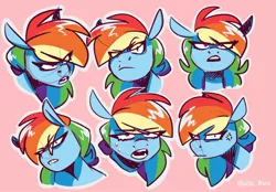 Size: 2048x1423 | Tagged: safe, artist:lrusu, derpibooru import, rainbow dash, pony, angry, bust, expressions, eye clipping through hair, female, image, jpeg, mare, open mouth, pink background, portrait, simple background