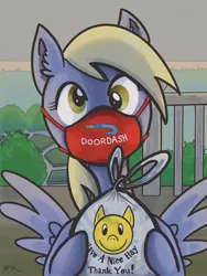 Size: 1536x2048 | Tagged: safe, artist:catscratchpaper, derpibooru import, derpy hooves, pegasus, pony, bag, coronavirus, covid-19, cute, delivery, derp, derpabetes, doordash, ear fluff, female, food, helpful, hoof hold, image, jpeg, looking at you, mare, mask, porch, pun, solo, spread wings, wings