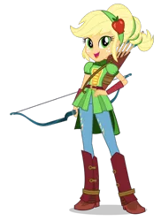 Size: 1400x1922 | Tagged: dead source, safe, derpibooru import, official, applejack, equestria girls, friendship games, alternate hairstyle, archery, arrow, boots, bow (weapon), bow and arrow, clothes, female, freckles, hand on hip, image, looking at you, open mouth, png, quiver, school spirit, shoes, simple background, solo, transparent background, weapon, wondercolts