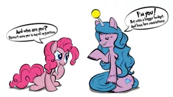 Size: 1192x670 | Tagged: safe, artist:dan232323, derpibooru import, izzy moonbow, pinkie pie, earth pony, pony, unicorn, ball, female, g4, g5, image, izzy's tennis ball, jpeg, mare, meta, simple background, speech bubble, tennis ball, the new pinkie pie, unshorn fetlocks, white background