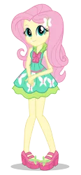 Size: 928x2000 | Tagged: dead source, safe, derpibooru import, official, fluttershy, equestria girls, clothes, dress, female, image, looking at you, pigeon toed, png, shoes, simple background, smiling, solo, transparent background, vector