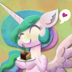 Size: 2048x2048 | Tagged: safe, artist:catscratchpaper, derpibooru import, princess celestia, alicorn, pony, abstract background, cake, cakelestia, ear fluff, eyebrows, eyebrows visible through hair, female, food, fork, happy, image, jpeg, mare, plate, smiling, speech bubble, spread wings, wings