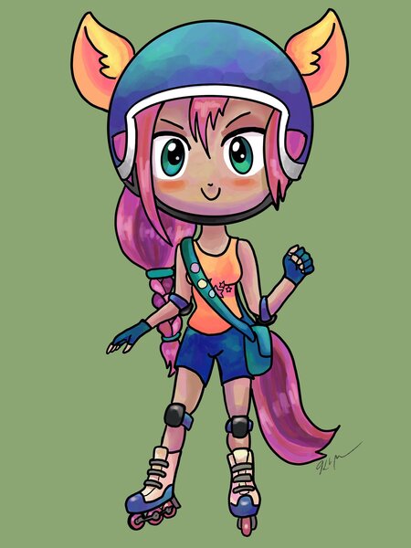 Size: 1536x2048 | Tagged: safe, artist:catscratchpaper, derpibooru import, sunny starscout, human, chibi, clothes, eared humanization, female, g5, green background, helmet, humanized, image, jpeg, roller blads, shorts, simple background, solo