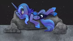 Size: 2048x1152 | Tagged: safe, artist:catscratchpaper, derpibooru import, princess luna, alicorn, pony, female, image, jpeg, lying down, on back, solo