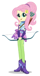 Size: 1062x2000 | Tagged: dead source, safe, derpibooru import, official, fluttershy, equestria girls, friendship games, alternate hairstyle, archery, arrow, boots, bow (weapon), bow and arrow, clothes, female, hands together, image, looking at you, open mouth, open smile, png, quiver, school spirit, shoes, simple background, smiling, solo, transparent background, weapon, wondercolts